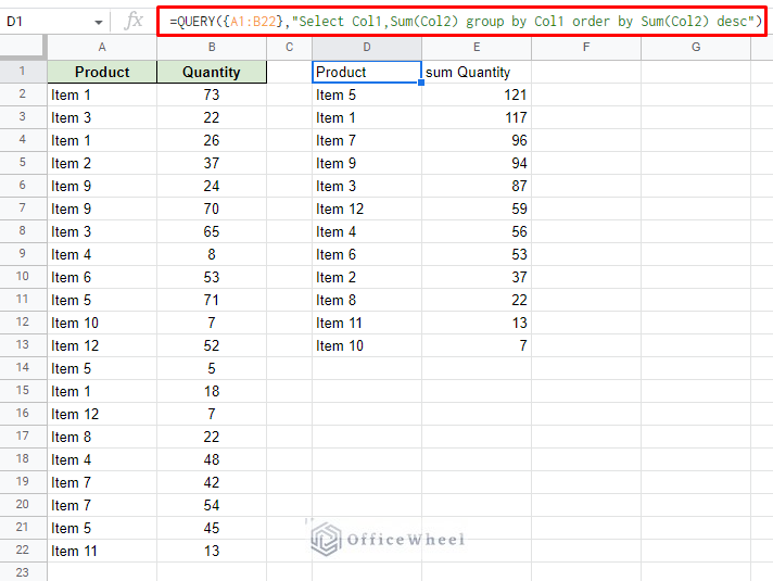 sort by descending values using the query function